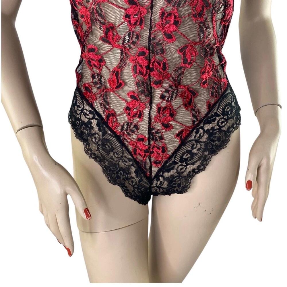 Vintage Nan Flower Black Red Lace Teddy Bodysuit 1980s Nylon Large - Picture 5 of 8